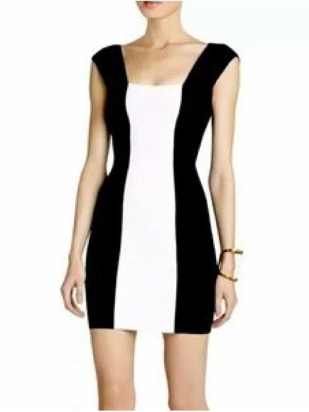 BCBGMaxAzria Black and Cream Colorblock Midi Bodycon Dress